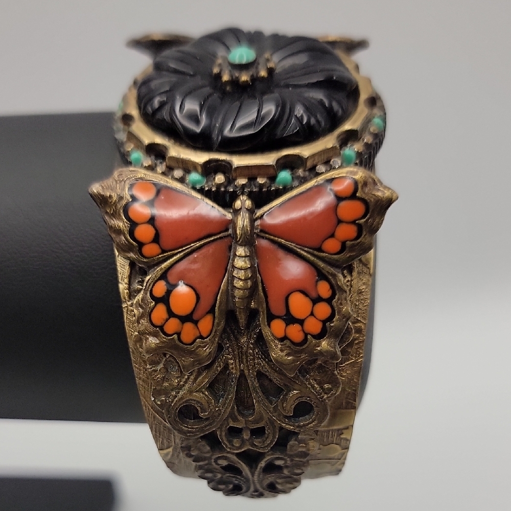 Vtg Sweet Romance Antique Brass Color Enamel Butterfly Boho Cuff Bracelet 2-5/8"